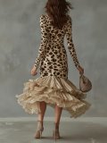 Women Long-Sleeve V-Neck Printed Patchwork Mesh Dress