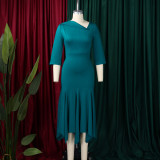 Women Elegant Slash Shoulder Three-Quarter Sleeve Irregular Dress