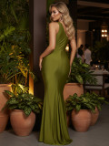 Women Green Slash Shoulder Knitting Maxi Dress