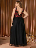Plus Size Women Prom Embroidered Mesh Patchwork Evening Dress
