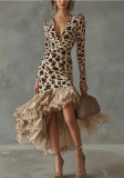 Women Long-Sleeve V-Neck Printed Patchwork Mesh Dress