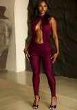 Women Sexy Backless Round Neck Hollow-Out Pleated Solid Jumpsuit