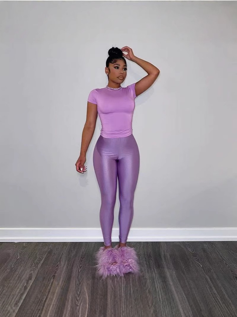 Women Solid Round Neck Short-Sleeve T-Shirt and Pants Two-Piece Set