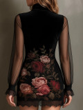 Women Sexy Lace Patchwork Floral Print Mesh Bodycon Dress