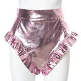 Women Summer Solid Sexy Ruffle Edge Pu Leather Shorts