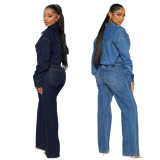 Women Streetchy Long-Sleeved Denim Jumpsuit