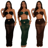 Women Sexy Strapless See-Through Mesh Top and Long Skirt Two-Piece Set