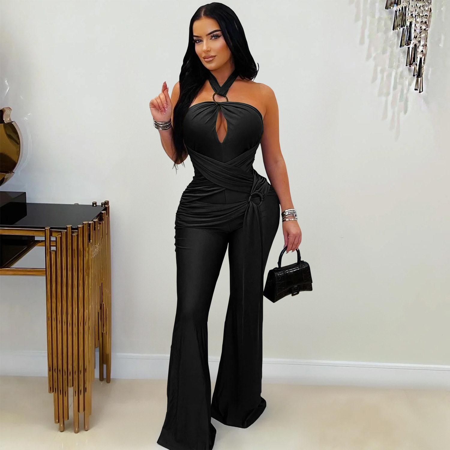 Solid Halter Neck Wide-Leg Jumpsuit for Casual Events