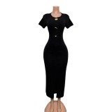 Women Sexy Round Neck Short-Sleeve Bodycon Dress with Gold Metal Buckle Slit Solid Maxi Dress