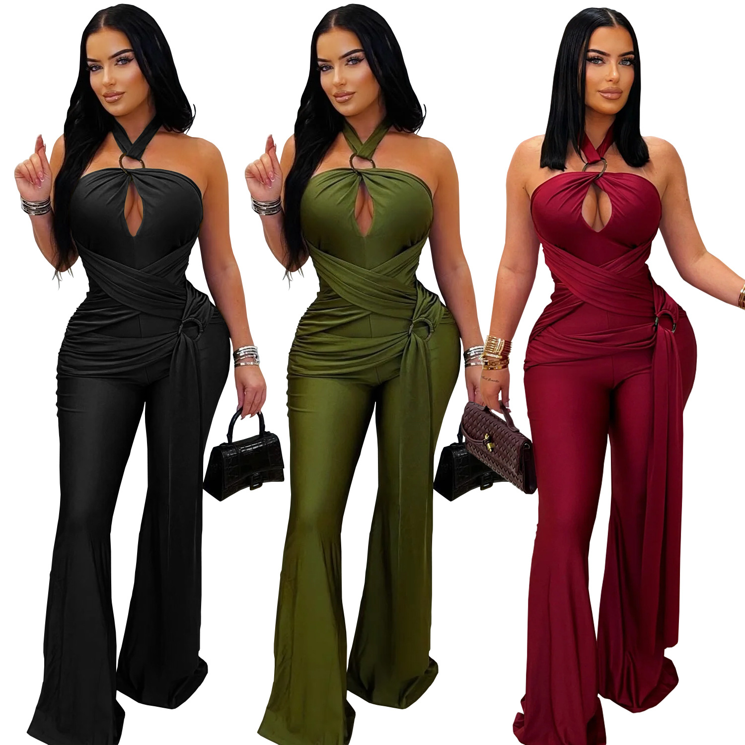 Solid Halter Neck Wide-Leg Jumpsuit for Casual Events
