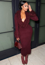 Women Autumn Tassel V-Neck Solid Long-Sleeved Knitting Maxi Dress