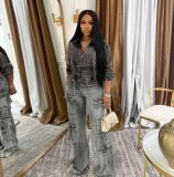 Women's Fashion Sexy Multi-Pocket Washed Denim Casual Top Pants Two-Piece Set