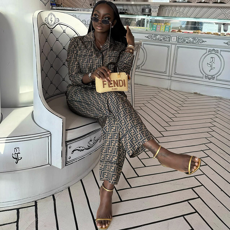 Women Autumn Casual Print Turndown Collar Top and Wide-Leg Pants Two-Piece Set