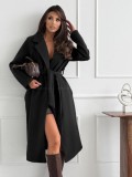 Women Autumn/Winter Turndown Collar Long-Sleeved Tie-Up Solid Jacket