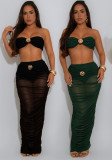 Women Sexy Strapless See-Through Mesh Top and Long Skirt Two-Piece Set