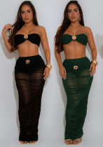 Women Sexy Strapless See-Through Mesh Top and Long Skirt Two-Piece Set Women Sexy Strapless See-Through Mesh Top and Long Skirt Two-Piece Set