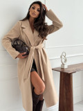 Women Autumn/Winter Turndown Collar Long-Sleeved Tie-Up Solid Jacket