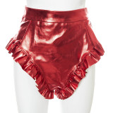 Women Summer Solid Sexy Ruffle Edge Pu Leather Shorts