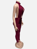 Women Sexy Backless Round Neck Hollow-Out Pleated Solid Jumpsuit