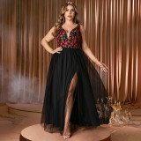 Plus Size Women Prom Embroidered Mesh Patchwork Evening Dress