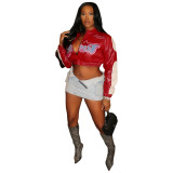 Women Autumn/Winter Ribbed Pu Leather Embroidered Baseball Jacket