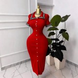 Women Color Block Lace Turndown Collar Knitting Bodycon Dress