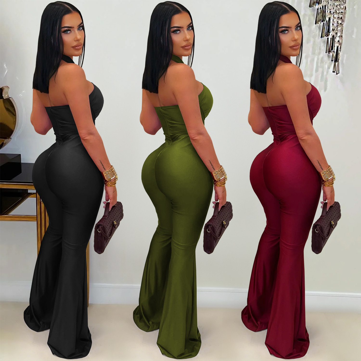 Solid Halter Neck Wide-Leg Jumpsuit for Casual Events