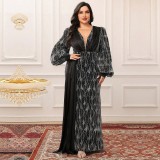 Plus Size Women Sequined Patchwork Puff Sleeve Evening Dress