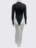 Women Autumn Pleated Color-Blocked Long-Sleeved Bodycon Dress