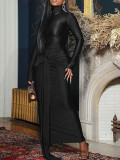 Women High-Neck Belted Long-Sleeved Maxi Dress