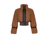 Women Casual Winter Fur Collar Patchwork Pu-Leather Coat