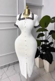 Women Color Block Lace Turndown Collar Knitting Bodycon Dress