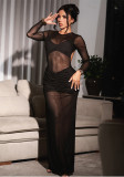 Women Autumn Solid Sexy Hollow-Out Mesh Patchwork Dress