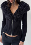 Women Autumn/Winter V-Shaped Fur Collar Patchwork Solid Sweater