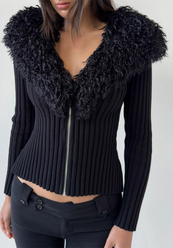 Women Autumn/Winter V-Shaped Fur Collar Patchwork Solid Sweater