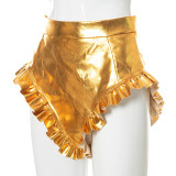 Women Summer Solid Sexy Ruffle Edge Pu Leather Shorts