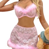 Women Lace Floral Feather Tassel Mini Skirt Sexy Lingerie