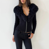 Women Autumn/Winter V-Shaped Fur Collar Patchwork Solid Sweater