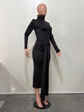 Women High-Neck Belted Long-Sleeved Maxi Dress