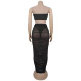 Women Sexy Strapless See-Through Mesh Top and Long Skirt Two-Piece Set