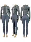 Fashion Women's Washed Zipper Hooded Top Yoga Pants Sport Casual Two-Piece Set