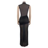 Women Sleeveless Pleated V-Neck Dress