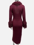 Women Autumn Tassel V-Neck Solid Long-Sleeved Knitting Maxi Dress