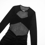 Women Autumn Solid Sexy Hollow-Out Mesh Patchwork Dress