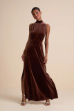 Women Stand Collar Sleeveless Slit Party Solid Maxi Dress