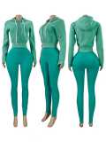 Fashion Women's Washed Zipper Hooded Top Yoga Pants Sport Casual Two-Piece Set