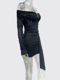 Women Autumn Pleated Off-Shoulder Bodycon Dress