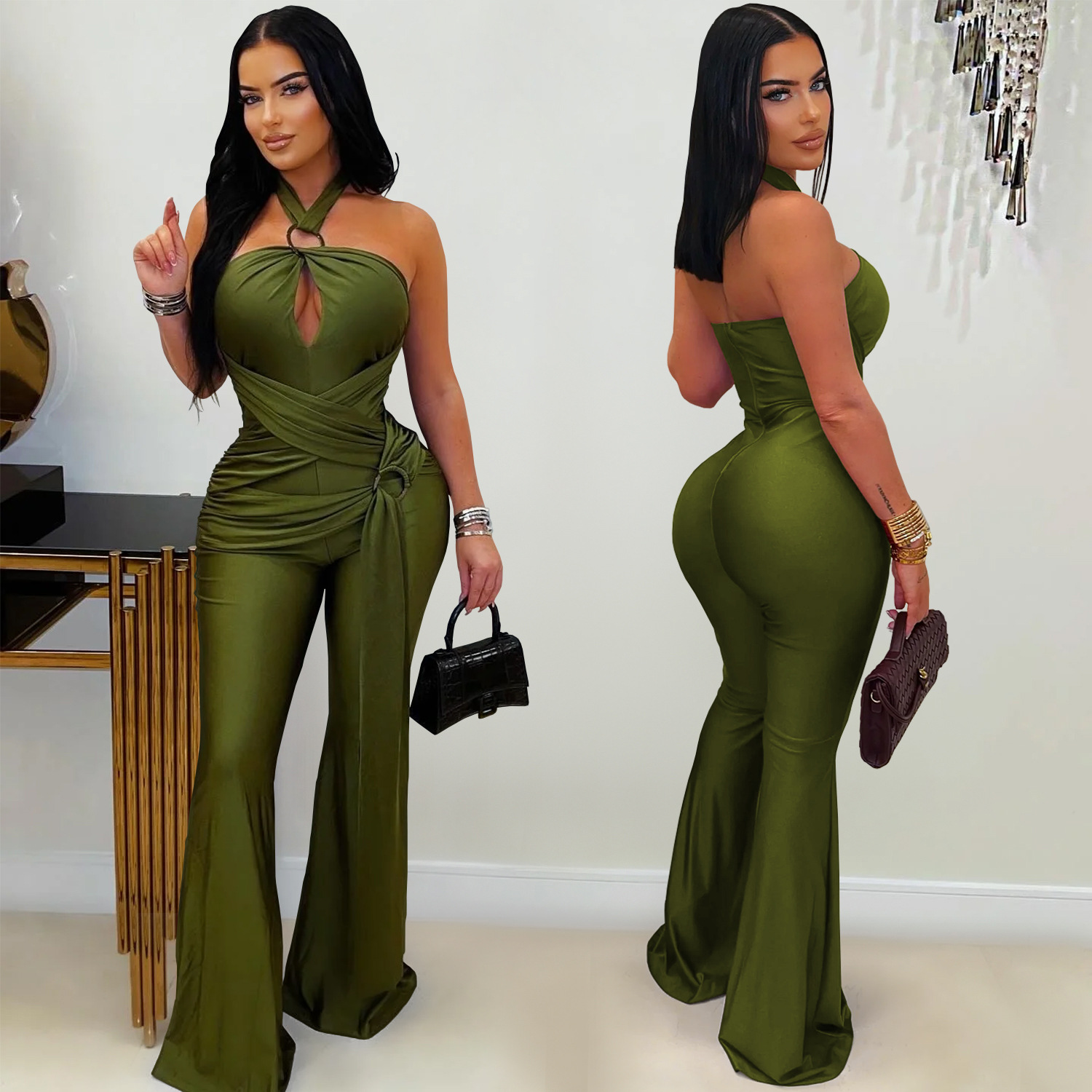 Solid Halter Neck Wide-Leg Jumpsuit for Casual Events