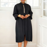 Plus Size Women Autumn Long Sleeve Solid Slit African Dress