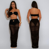 Women Sexy Strapless See-Through Mesh Top and Long Skirt Two-Piece Set